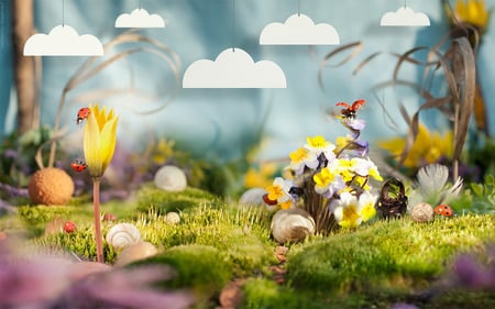 Micro World - flowers, clouds, fantasy, snails, garden, beetles