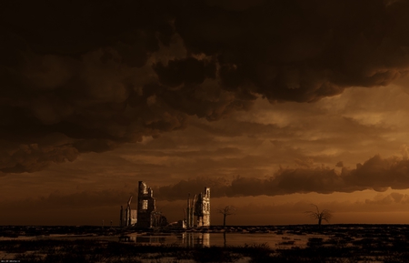 WASTELAND - clouds, dawn, trees, old, swamp, structures, dark