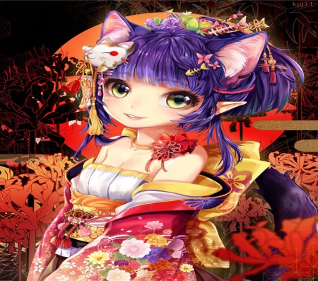 Cute Neko - neko, girl, japan, kitty, kimono, japanese, cute, orginal