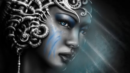 African Queen - face, beauty, sad, blue, crown