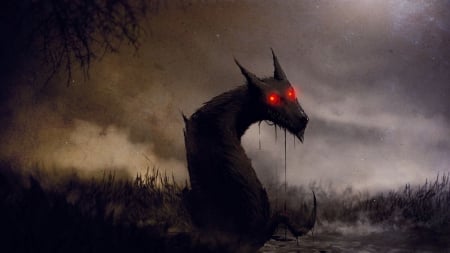 Demon Wolf - wolf, scary, eyes, red, fog, demon