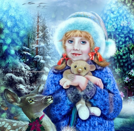 Filletteneige - girls, photomanipulation, models, people, fantasy, creative pre-made, digital art, winter, mixed media, lovely, deer, love four seasons, weird things people wear, beautiful, blue, snow, colors, teddy bear