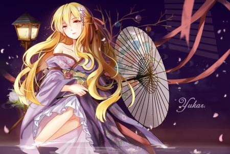 Yukari - maiden, beautiful, blonde, hot, anime girl, girl, umbrella, ribbon, blond, blonde hair, lady, yakumo yukari, touhou, pretty, beauty, sweet, anime, yukata, long hair, nice, lovely, sexy, kimono