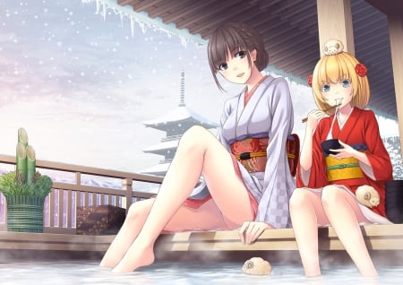 Winter - nice, female, hot, blond, anime girl, japanese, brown hair, blond hair, home, pretty, blonde hair, japan, cold, anime, house, kimono, cute, ice, sexy, adorable, girl, long hair, winter, lovely, eat, kawaii, eating, yukata, sweet, blonde