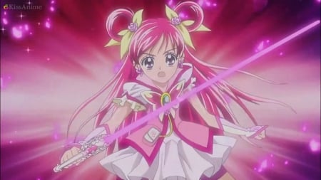 Crystal Fleuret! - pretty, anime, magic, female, dress, pink, long hair, shout, weapon, nice, pink hair, scream, gown, anime girl, cure dream, beautiful, girl, sword, beauty, lovely, sweet, pretty cure, blade, glow, glowing, precure, magical girl