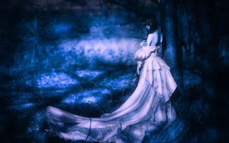 Dark Side - dark, trees, woman, dress