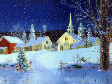 â˜…New Year Lightsâ˜… - new year, xmas and new year, villages, winter, lovely, christmas, christmas tree, love four seasons, holidays, churches, snow, beautiful, colors, paintings, lights