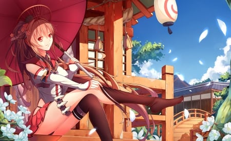 Kantai - nice, beauty, female, anime girl, kantai collection, brown hair, pretty, lantern, umbrella, petals, anime, bridge, scene, girl, long hair, kantai, lovely, floral, beautiful, shrine, blossom, sweet, flower