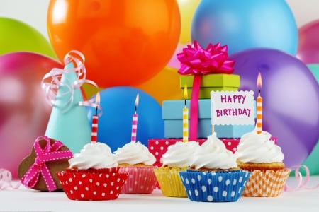 Happy Birthday - cupcake, balloon, gift, happy, birthday