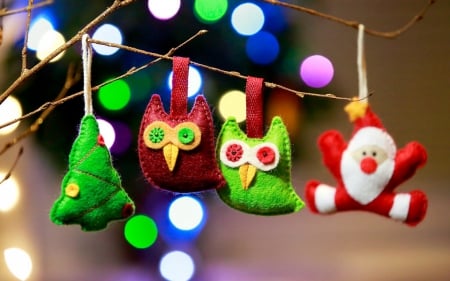 Merry Christmas! - bokeh, branch, decoration, blue, toy, christmas, owl, santa, red, green