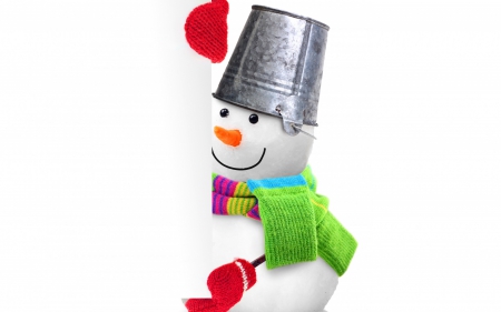 Snowman - snowman, winter, scarf, gloves, christmas, white, bucket, red, green, card, smile