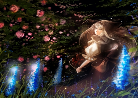 In the garden - flower, pink, bird, raven, ankoro, anime, girl, blue, manga, art, garden, field