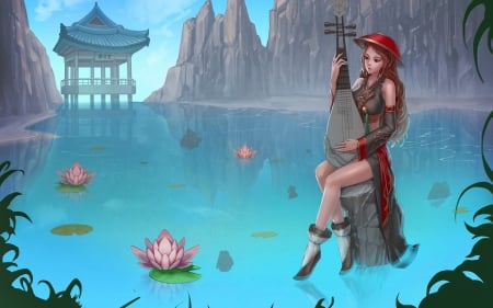 Fantasy girl - lotus, fantasy, instrument, water, blue, girl, temple, asian