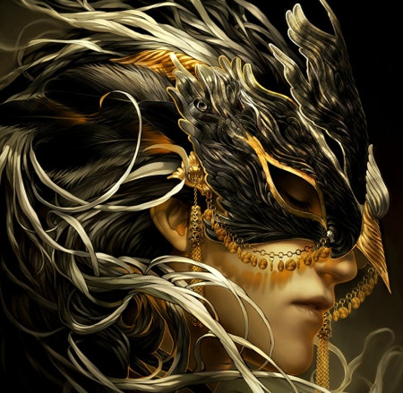 Black swan - face, tincek-marincek, black swan, art, mask, man, golden, fantasy