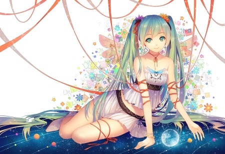 IL Caos - pretty, miku hatsune, twin tail, female, blossom, crystal, nice, beauty, flower, cute, floral, vocaloid, anime, kawaii, twintail, dress, ess, hatsune miku, green hair, long hair, ribbon, twin tails, anime girl, twintails, beautiful, girl, sundress, lovely, sweet, miku, adorable, hatsune, vocaloids