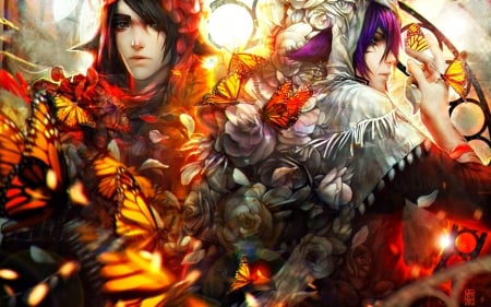 Fire souls - yellow, vasper, man, tincek-marincek, fantasy, strife, fire, red, couple, art