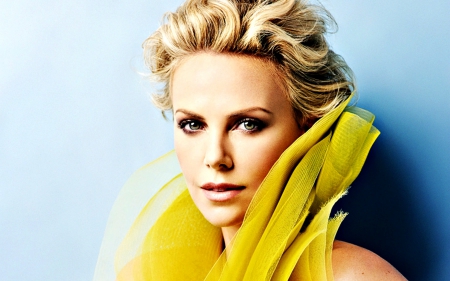 Charlize Theron - actress, blonde, yellow, charlize theron, woman, blue