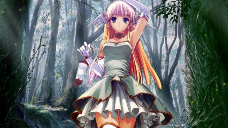 On a Journey - trees, anime, anime girl, blonde, blonde hair, forest, lantern, gloves, woods