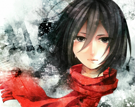 Mikasa Ackerman - Head, Black Hair, Anime Girl, Anime, Girl, Short Hair, Mikasa Ackerman, Attack on Titan, Anime Wallpaper, Red Scard