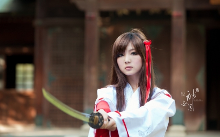 Katana Girl - Red, Katana, Brown Hair, Robe, White, Girl, Long Hair, Temple, Bow, Wallpaper, Asian, Sword