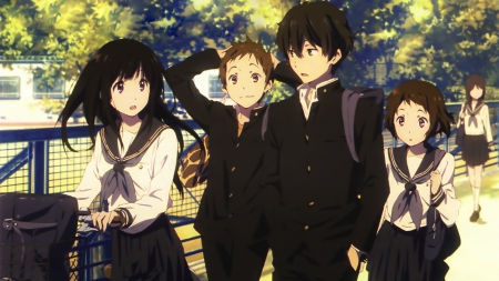 Hyouka - Bike, Light, Anime Girl, Brown Hair, Green Eyes, Anime, Dark, Oreki Hountarou, Long Hair, Seifuku, Anime Guy, Sailor Uniform, Bicycle, Black Hair, Backpack, Purple Eyes, Short Hair, Chitanda Eru, School Uniform, Wallpaper, Hyouka