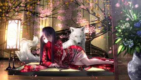 Kaguya - game, anime, girl, dog, kimono, manga, oriental, japan, touhou, japanese