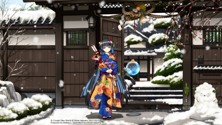 Kyudo - winter, archer, snow, orginal, girl, dojo, kimono, long hair, japan, art, japanese