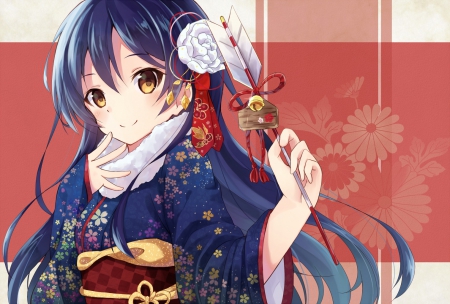 Sonoda Umi - Gold Eyes, Bell, Kimono, Sonoda Umi, Anime Girl, School Idol Project, Anime, Japanese Clothes, Long Hair, Long Live, Yellow Eyes, Brown Eyes, Wallpaper, Blue Hair