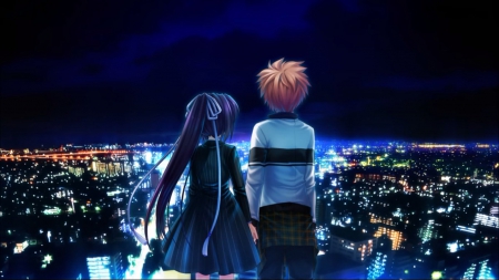 Night to Remember - anime couple, cute, beautiful, anime girl, adorable, girl, light, city, pretty, kawaii, beauty, sweet, dark, anime, romance, night, nice, lovely, female, romantic