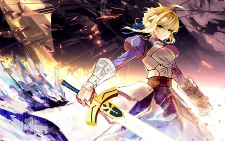 Saber - pretty, saber, anime, female, blonde, blond hair, long hair, armor, blond, nice, anime girl, beautiful, girl, sword, blonde hair, beauty, lovely, sweet, knight, blade, fate stay night, excalibur