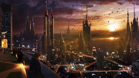 Balcony Cityscape - cities, rendering, futuristic, balcony, CG, 3D, cityscape, architecture