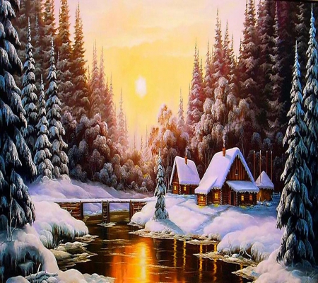 Winter at the River - ice, lake, trees, forest, snow, light, bridge, cottages