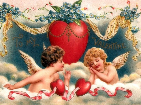 â˜…To My Valentineâ˜… - sweetheart, hearts, lovers, vintage, angels, love, lovely, heaven, love four seasons, holidays, valentines, romantic, beautiful, colors, sweet, beloved valentines, flowers