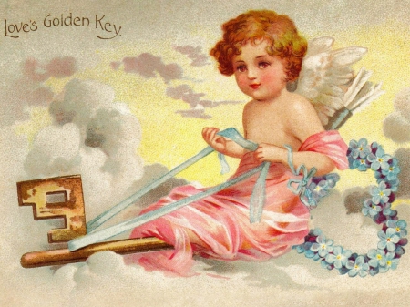 â˜…Love's Golden Keyâ˜… - love, key, heart, lovely, love four seasons, holidays, valentines, pretty, vintage, beautiful, angels, colors, sweet, beloved valentines, flowers