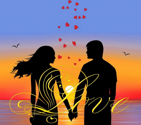 Couple in Love - love, sunset, couple, sea