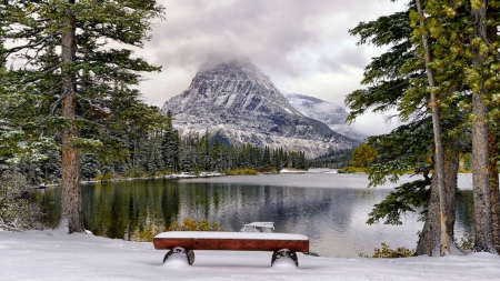 View from Winter Bench - trees, winter, nature, view, bench, mountains, lakes