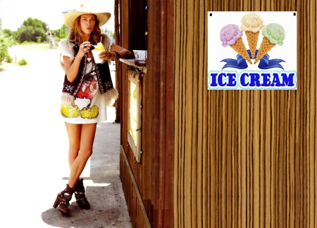 She Love's Ice Cream - girls, western, women, models, hats, cowgirls, ice cream, brunettes, stand, fun, female, boots