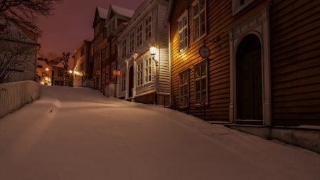 Hillside Street in Winter - nature, hill, houses, street, snow, winter