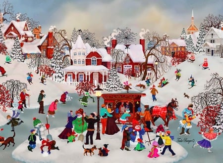 Winter village - snowman, ice, fun, people, joy, winter, countryside, painting, village, art, frost, snow, beautiful, holiday