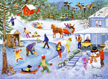 Winter break - sleigh, fun, snowman, kids, winter, beautiful, snow, children, joy, break, playing, village, painting, houses, art