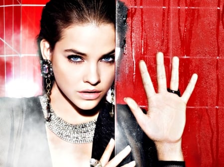 Barbara Palvin - beauty, woman, glass, red, blue eyes, barbara palvin, black, model