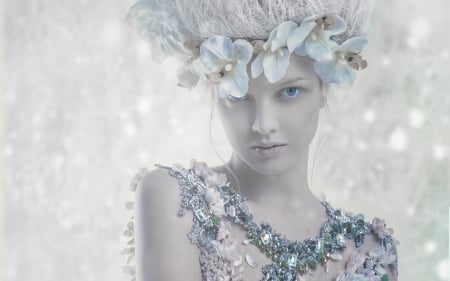 Ice princess - woman, bokeh, girl, agate muzikante, orchid, winter, white, blue, flower, ice princess