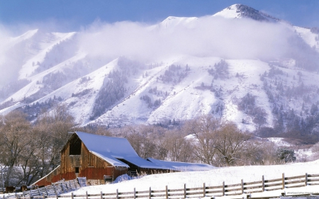 Winter Ranch - fun, trees, winter, fences, snow, barns, west, ranch, cold, mountains