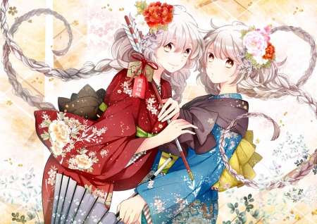 Cute Twins - girls, long hair, japanese, orginal, art, twins, japan, kimono, cute