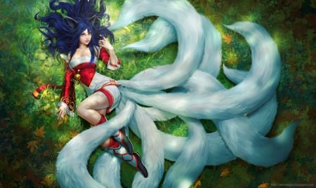 Nine Tails - nice, realistic, tails, beauty, female, hot, magic, video game, fantasy, laying, gorgeous, pretty, dark, lol, game, league of legends, grass, ahri, sexy, girl, warrior, long hair, lay, lovely, cg, fox, hd, blue hair, beautiful, sweet, kitsune