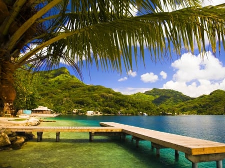 Beach's Dock In Tahiti - palm trees, houses, beach, hills, summer, tropical, french polynesia, beautiful, clouds, sea