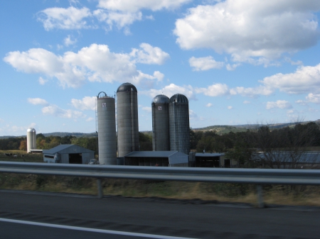 Clouds Over Tall Silos - silos, farm, road, clouds