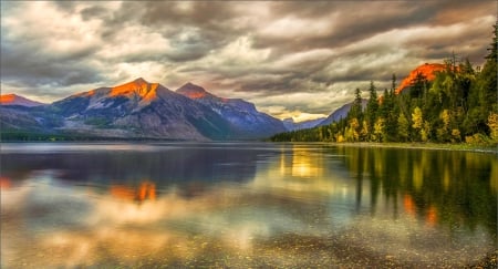 McDonald Lake At Sunset - calm, clouds, beautiful, forest, reflection, Montana, sunset, lake, mountains