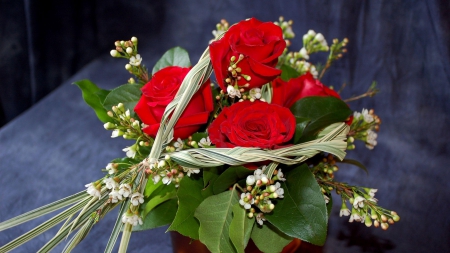 Red roses bouquet - leaves, flowers, heart, red