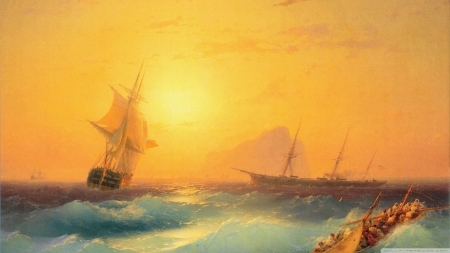 ocean voyage - ocean, wave, sun, ship